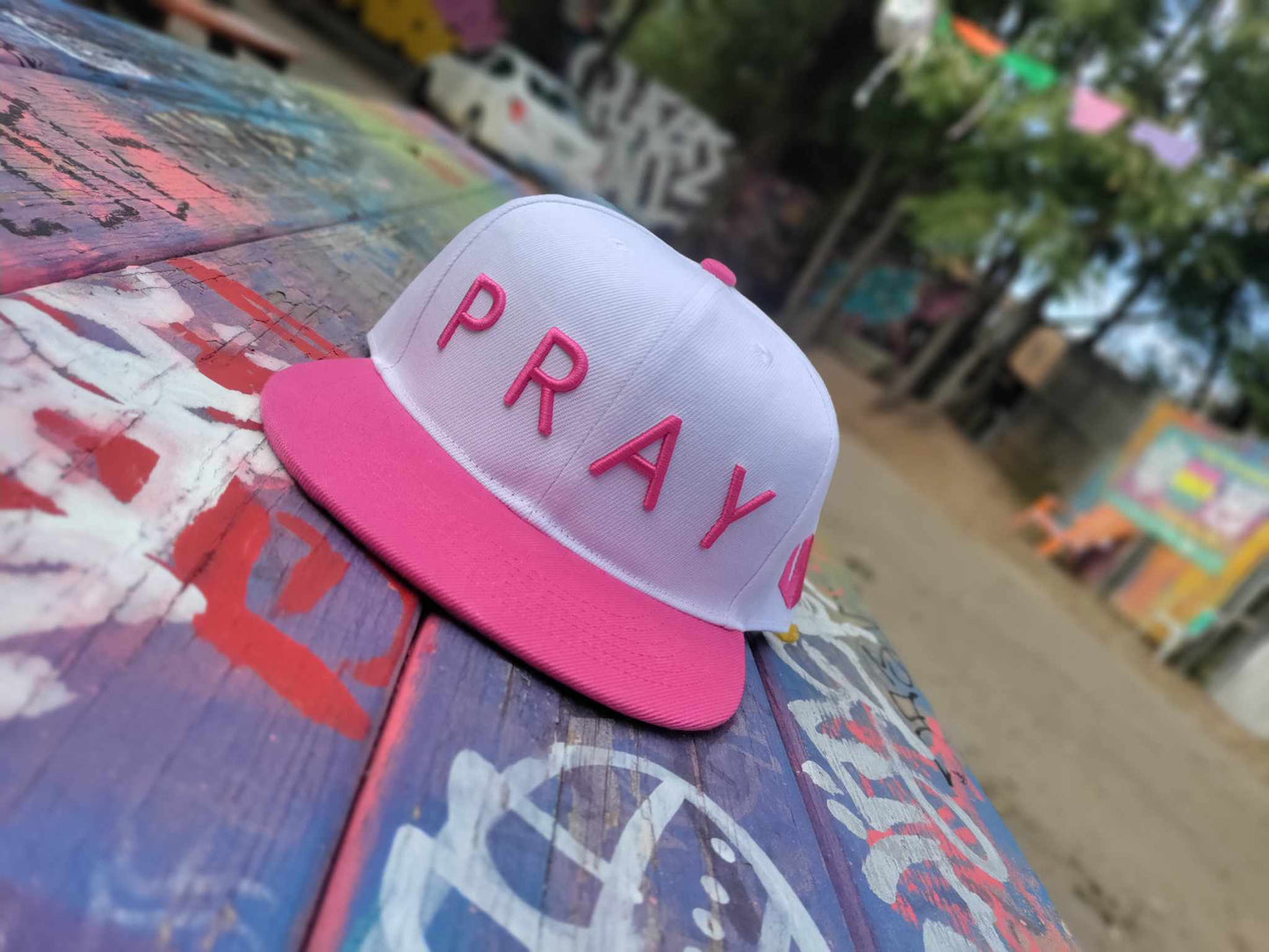 PRAY- Rose Pink and White Snapback